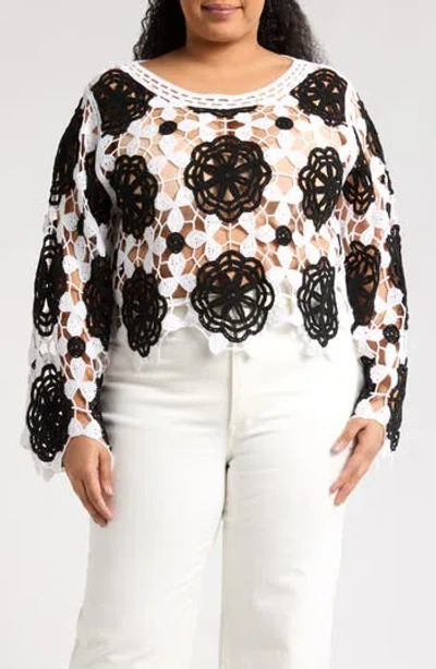 Forgotten Grace Floral Crocheted Sweater In White/black