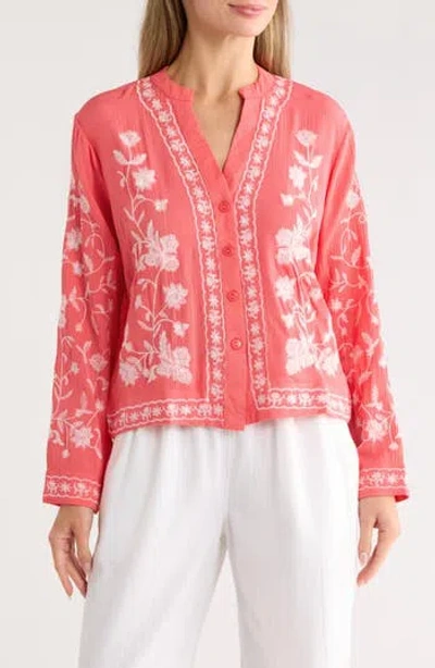 Forgotten Grace Floral Embroidered Button-up Shirt In Pink