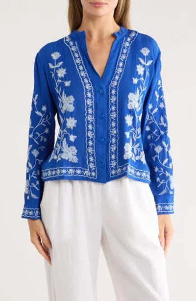 Forgotten Grace Floral Embroidered Button-up Shirt In Blue