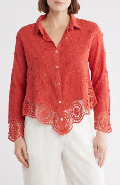 Forgotten Grace Floral Embroidered Cotton Button-up Shirt In Rust