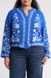 Forgotten Grace Floral Embroidered Long Sleeve Button-up Top In Royal/white