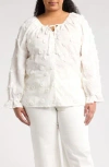 Forgotten Grace Floral Embroidered Long Sleeve Button-up Top In White