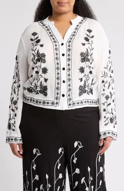 Forgotten Grace Floral Embroidered Long Sleeve Button-up Top In White/black