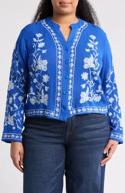 Forgotten Grace Floral Embroidered Long Sleeve Button-up Top In Blue