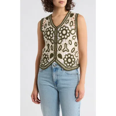 Forgotten Grace Floral Embroidered Open Knit Button Tank In Green