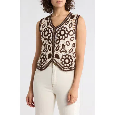 Forgotten Grace Floral Embroidered Open Knit Button Tank In Brown