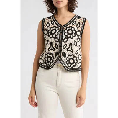 Forgotten Grace Floral Embroidered Open Knit Button Tank In Black