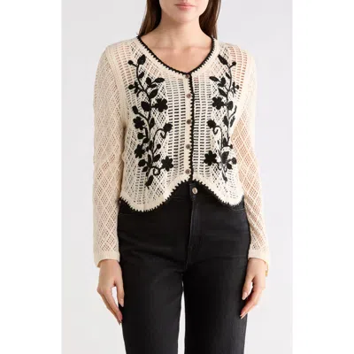 Forgotten Grace Floral Embroidered Open Stitch Cardigan In Black