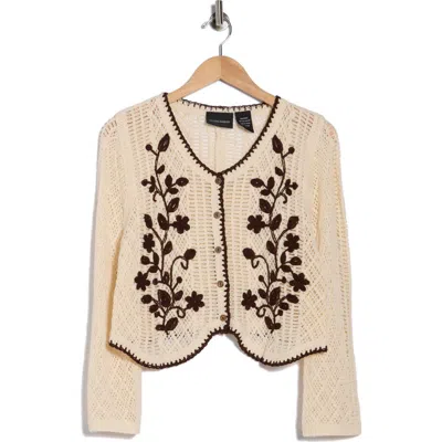 Forgotten Grace Floral Embroidered Open Stitch Cardigan In Gold