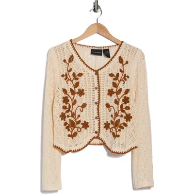 Forgotten Grace Floral Embroidered Open Stitch Cardigan In Neutral