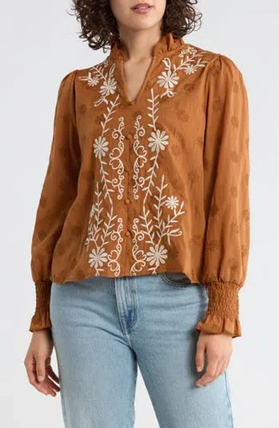 Forgotten Grace Floral Embroidered Smocked Cuff Top In Brown