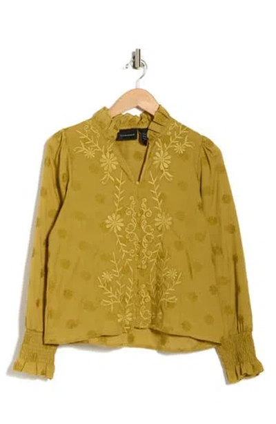 Forgotten Grace Floral Embroidered Smocked Cuff Top In Green