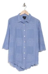 Forgotten Grace Floral Embroidered Three-quarter Sleeve Cotton Button-up Shirt In Denim