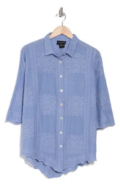 Forgotten Grace Floral Embroidered Three-quarter Sleeve Cotton Button-up Shirt In Denim