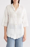 Forgotten Grace Floral Embroidered Three-quarter Sleeve Cotton Button-up Shirt In White