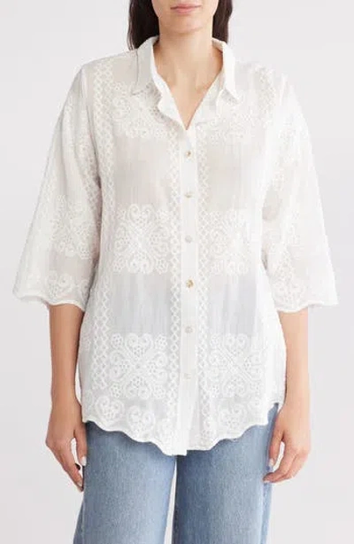 Forgotten Grace Floral Embroidered Three-quarter Sleeve Cotton Button-up Shirt In White
