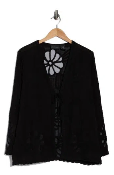 Forgotten Grace Floral Embroidered Tie Front Cardigan In Black