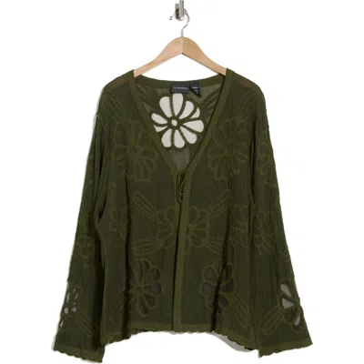 Forgotten Grace Floral Embroidered Tie Front Cardigan In Green
