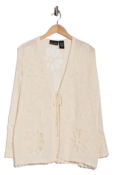 Forgotten Grace Floral Embroidered Tie Front Cardigan In Neutral