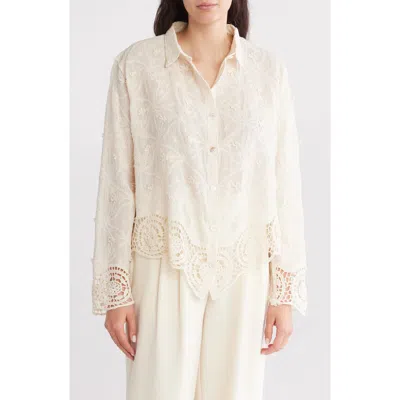 Forgotten Grace Floral Lace Trim Long Sleeve Button-up Shirt In Neutral