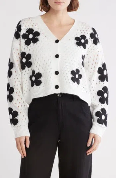 Forgotten Grace Floral Open Stitch Cardigan In Ivory/black