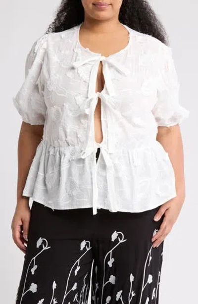 Forgotten Grace Front Tie Puff Sleeve Peplum Top In White