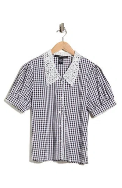 Forgotten Grace Gingham Lace Collar Cotton Shirt In Blue