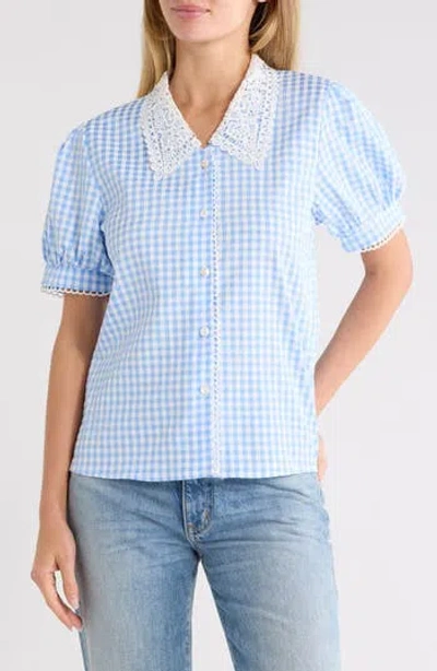 Forgotten Grace Gingham Lace Collar Cotton Shirt In Blue