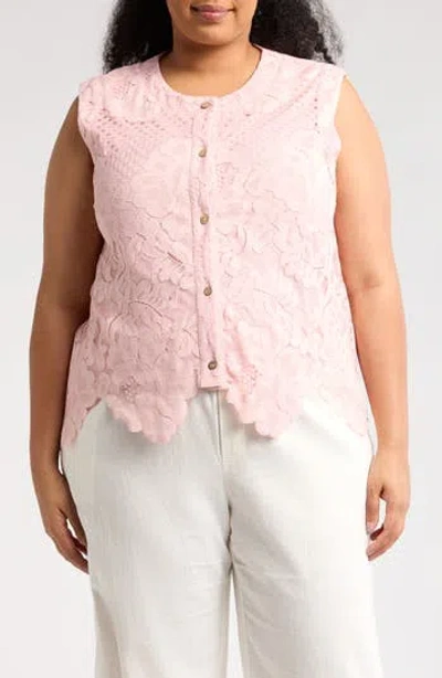 Forgotten Grace Lace Button Tank In Blush