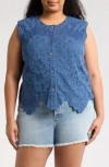 Forgotten Grace Lace Button Tank In Navy