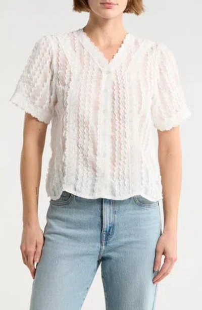 Forgotten Grace Lace Texture Short Sleeve Button-up Shirt In White