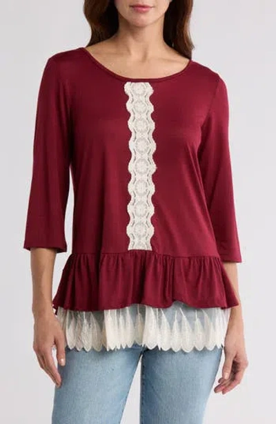 Forgotten Grace Lace Trim Long Sleeve Peplum Top In Burgundy