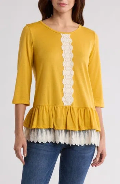 Forgotten Grace Lace Trim Long Sleeve Peplum Top In Mustard