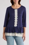 Forgotten Grace Lace Trim Long Sleeve Peplum Top In Navy