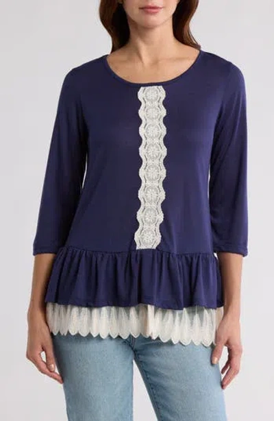 Forgotten Grace Lace Trim Long Sleeve Peplum Top In Navy