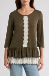 Forgotten Grace Lace Trim Long Sleeve Peplum Top In Olive