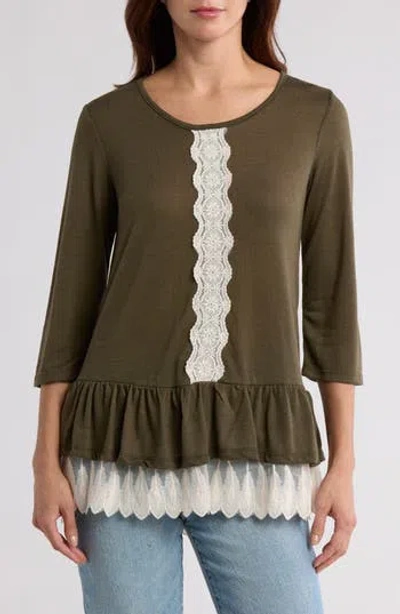 Forgotten Grace Lace Trim Long Sleeve Peplum Top In Olive