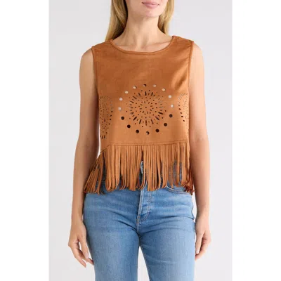 Forgotten Grace Laser-cut Fringe Faux Suede Tank In Brown