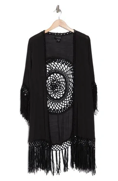 Forgotten Grace Long Fringe Knit Ruana In Black