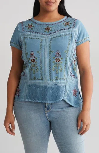 Forgotten Grace Mineral Wash Embroidered Top In Denim