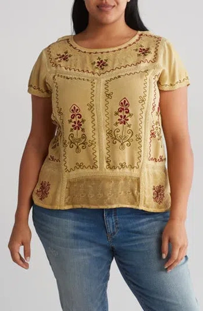 Forgotten Grace Mineral Wash Embroidered Top In Mustard
