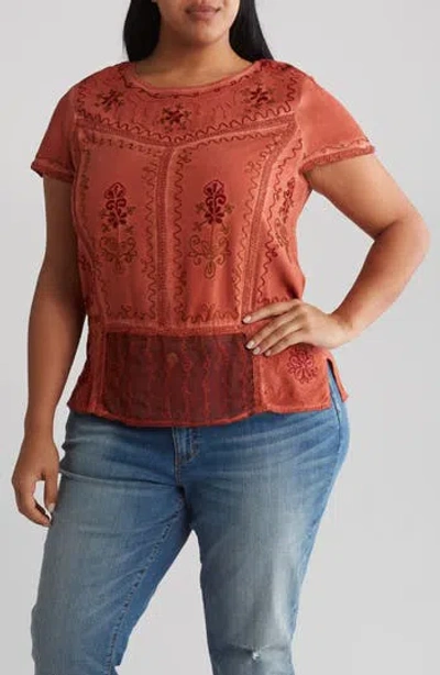Forgotten Grace Mineral Wash Embroidered Top In Rust
