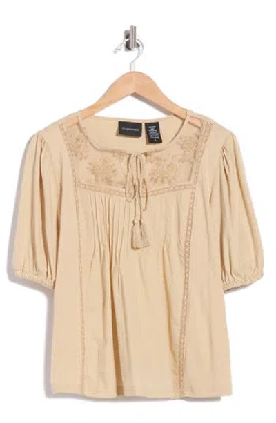 Forgotten Grace Mixed Media Pleat Top In Neutral