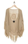 Forgotten Grace Open Knit Fringe Trim Ruana In Dark Taupe