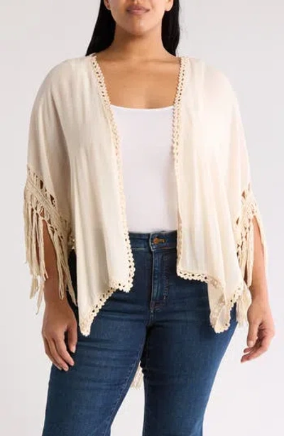 Forgotten Grace Open Knit Fringe Trim Ruana In Natural