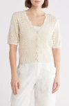 Forgotten Grace Open Knit Short Sleeve Button-up Sweater In Natural