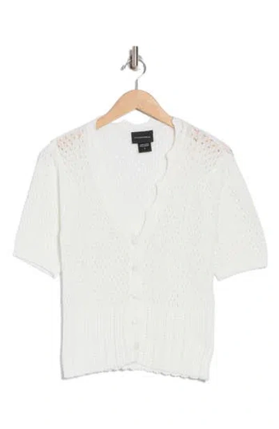 Forgotten Grace Open Knit Short Sleeve Button-up Sweater In White