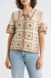 Forgotten Grace Open Knit Square Polo Sweater In Brown