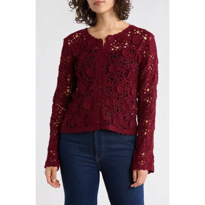 Forgotten Grace Open Stitch Button Cardigan In Burgundy