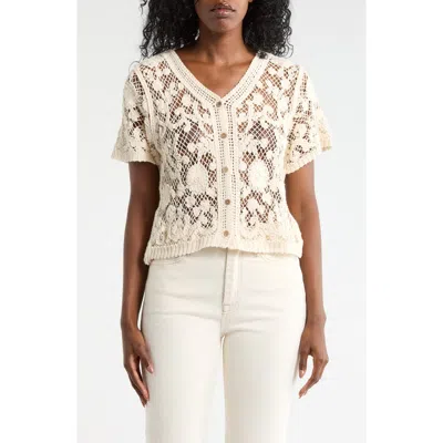 Forgotten Grace Open Stitch Short Sleeve Button-up Shirt In Neutral